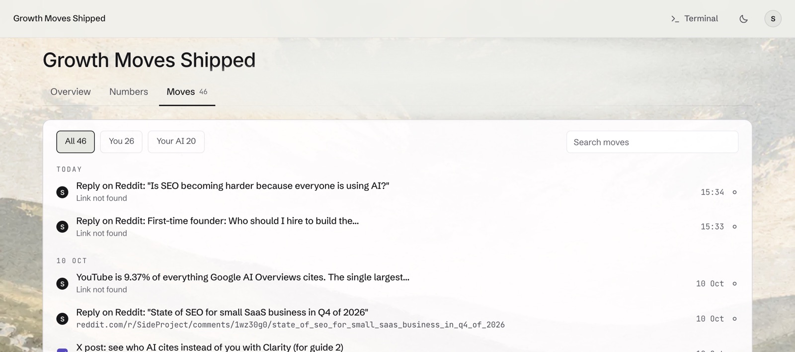 The Growth Moves Shipped page: moves listed by day, filtered by All, You and Your AI, each with the address it went live at where one was found.