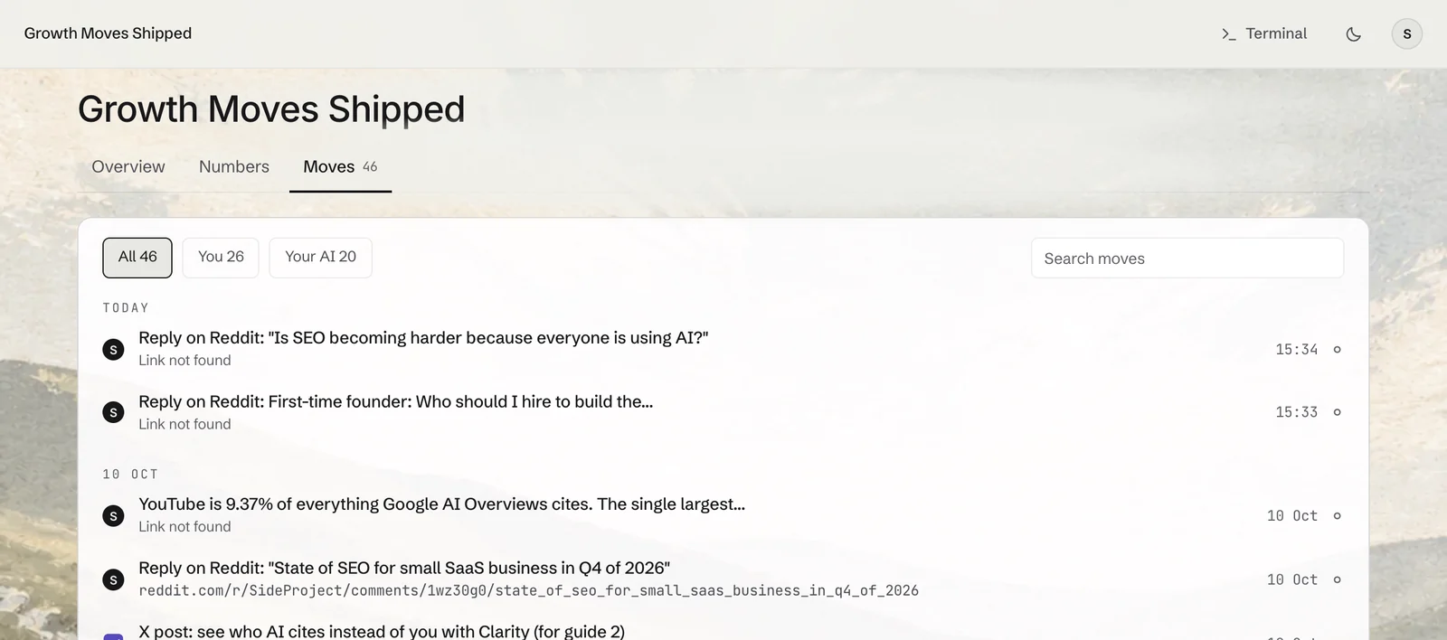 The Growth Moves Shipped page, Moves tab: shipped moves listed by date, filters for All, You and Your AI, and a Reddit reply shown with its live address.