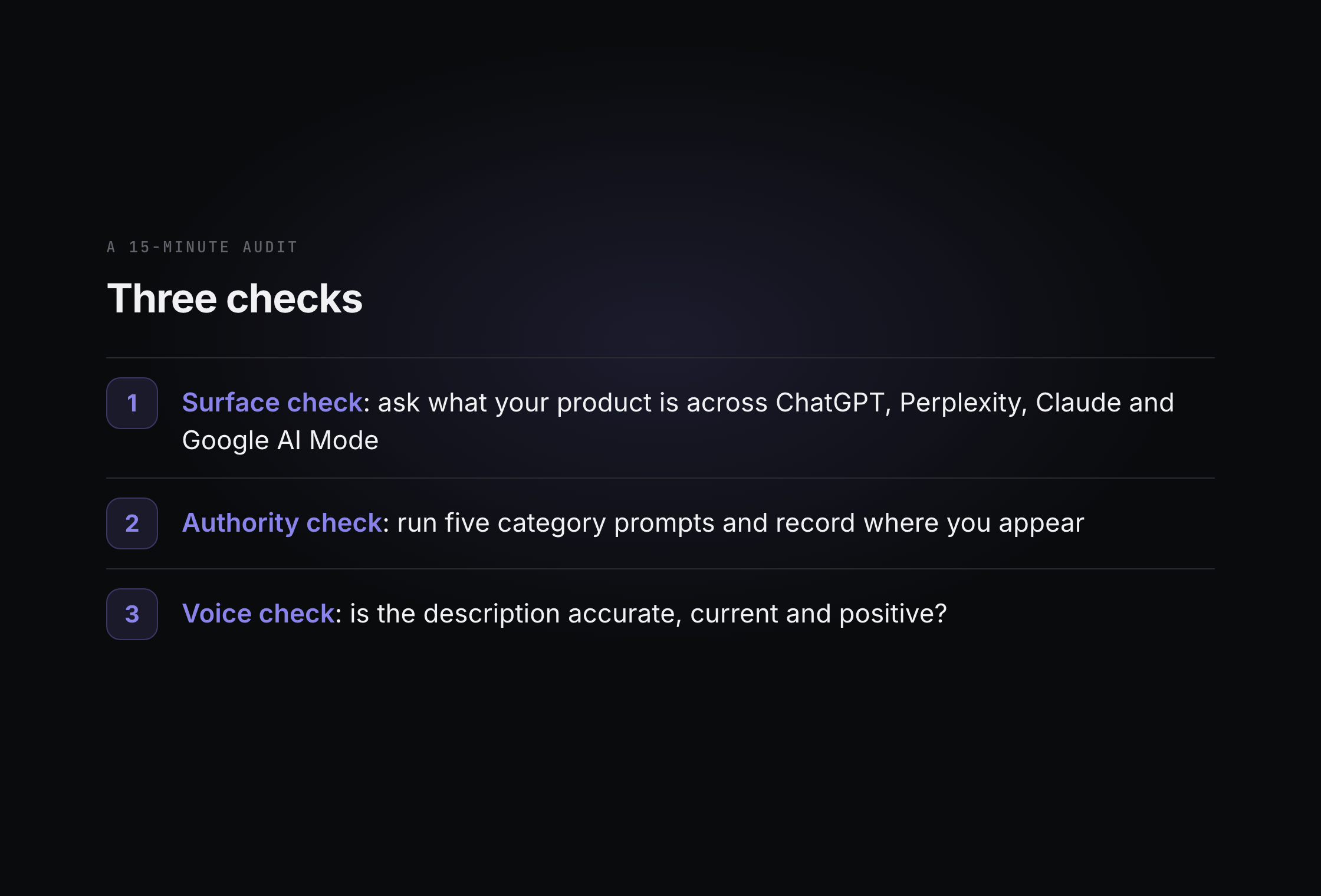 A fifteen-minute audit in three checks: surface, authority and voice.