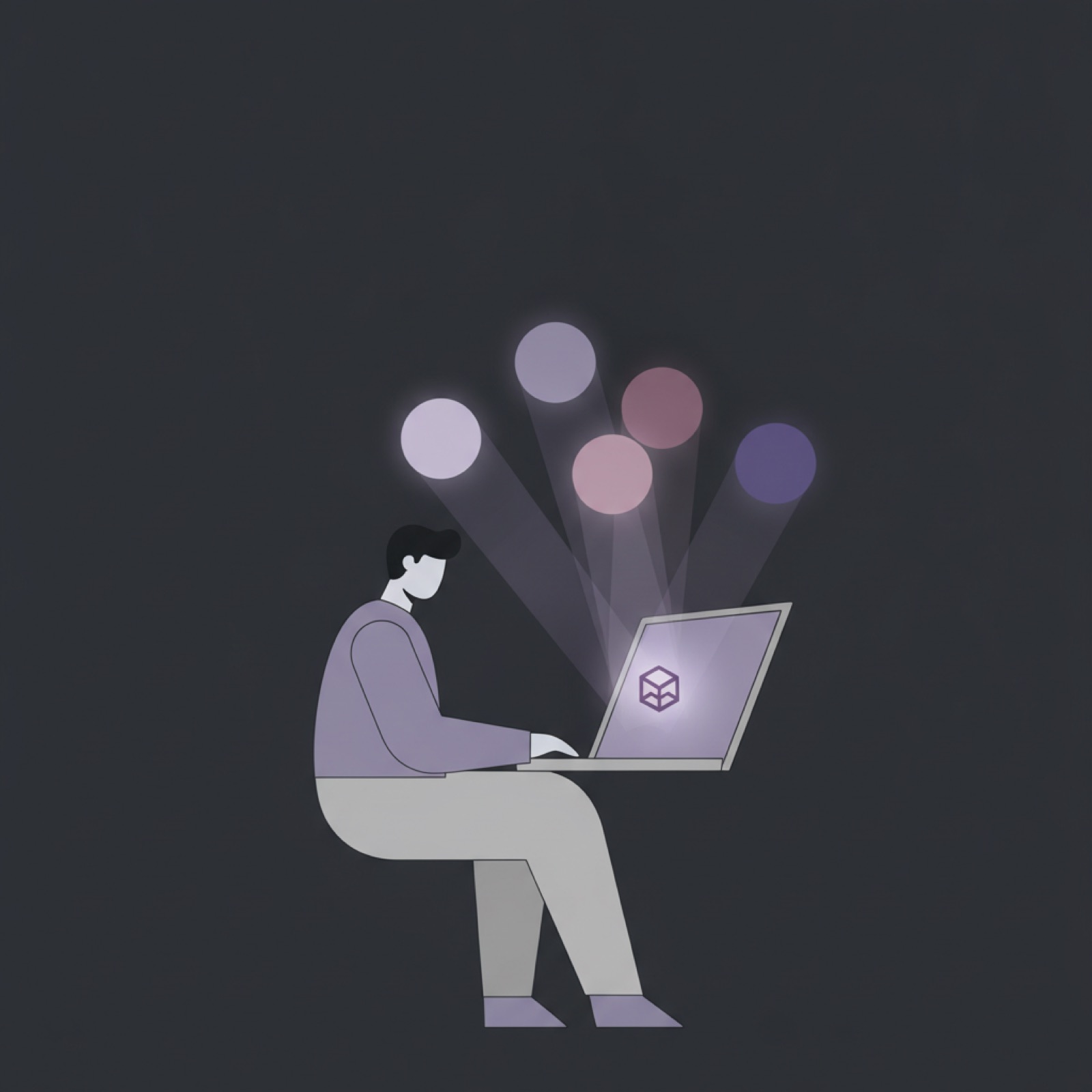 An illustration of a founder working at a laptop, surrounded by four glowing orbs that represent the AI answer engines.